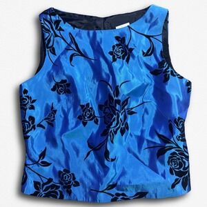 John Roberts Vintage Blue Black Floral Rose Satin Shell Top Blouse Petite 4P